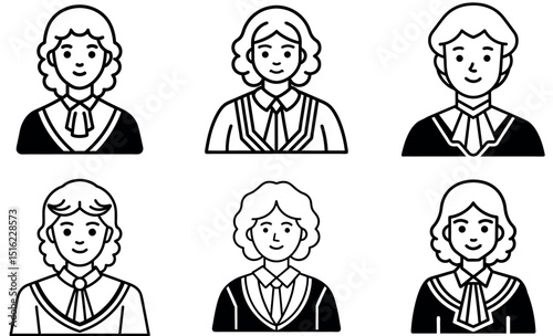 Six female judge icons in black and white.