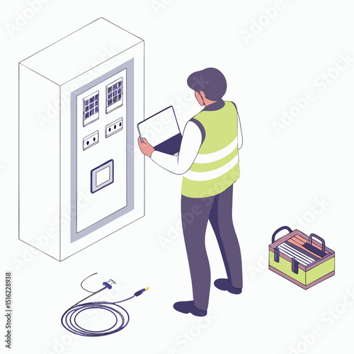 Technician using a laptop to diagnose and maintain electrical panel in an isometric illustration.