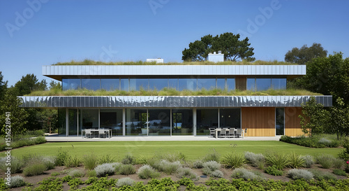 Sustainable Living Modern House With Green Roof And Beautiful Garden photo