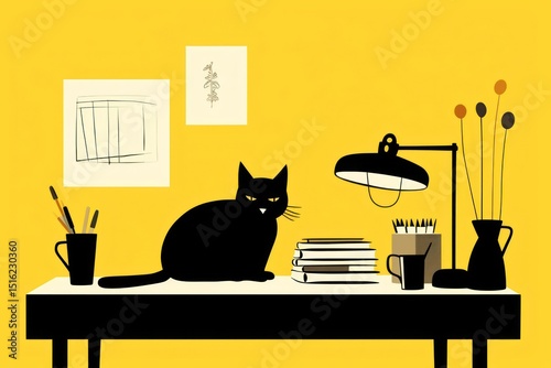Blackcat sleeping on desk furniture animal mammal. photo