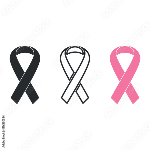 Breast Cancer Awareness Ribbon Icons Set – Pink, Black, and Outline Variants. Vector icons of awareness ribbons representing breast cancer awareness in different visual styles.