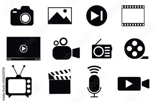 Collection of black media icons including video camera, film reel, microphone, television, and playback buttons. Perfect for multimedia and entertainment themes. Includes TV, film strip, video player.