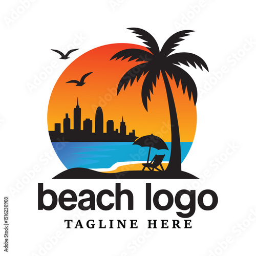 Beach Logo Design – Sunset, Palm Tree & City Skyline