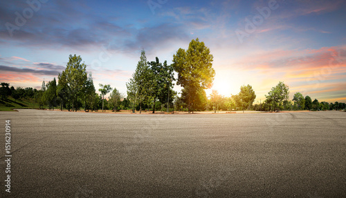 Fototapeta Naklejka Na Ścianę i Meble -  Panoramic empty asphalt road in the park during sunset.