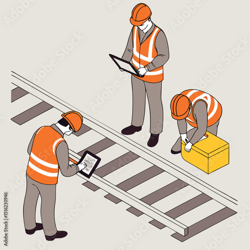 Illustrated depiction of railway workers inspecting train tracks wearing safety gear and utilizing digital tools.
