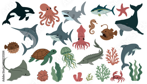 Collection of sea animals and ocean plants in flat cartoon style. Includes whale, shark, dolphin, squid, turtle, coral, seaweed, and more. Colorful marine life illustration. Vector illustration