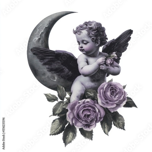 Vintage cupid roses background purple.