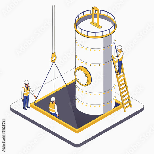 Isometric view illustrating the construction site with workers installing an industrial storage tank with a crane.