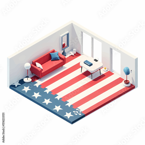 Patriotic Living Room Isometric 3D Illustration of American Flag Rug Design