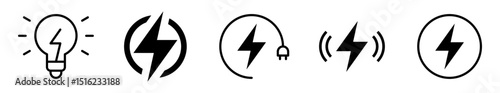 Conjunto de iconos de energía renovable y carga eléctrica. Electricidad limpia, iluminación eficiente, flujo de energía, potencia continua, sostenibilidad. Ilustración vectorial