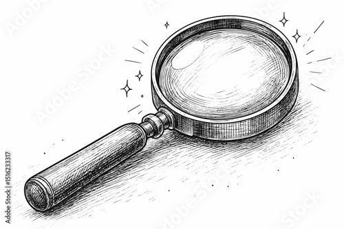 Sketch of a magnifying glass with shading, black ink illustration
