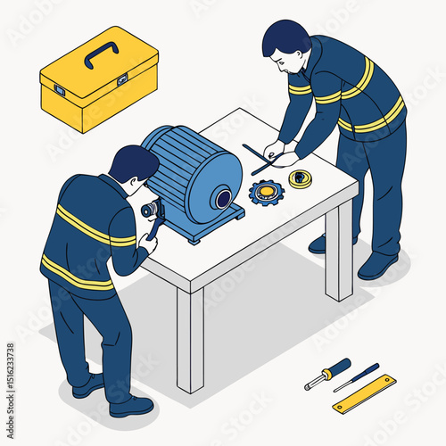 Two technicians working on a motor repair in an isometric illustration with tools and components