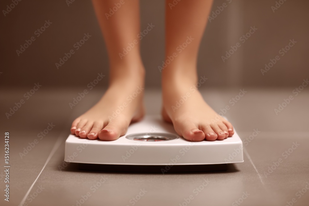 Fototapeta premium Feet on Bathroom Scale Closeup 