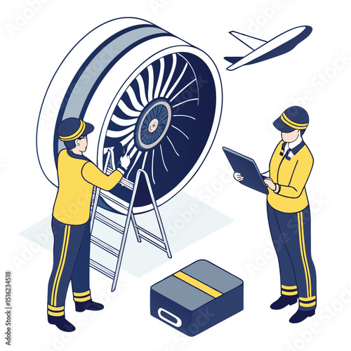 Aviation maintenance technicians working on an aircraft engine with a schematic airplane in isometric design.
