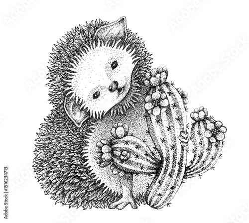 Hedgehog with cactus, dotwork . Black and white.  photo