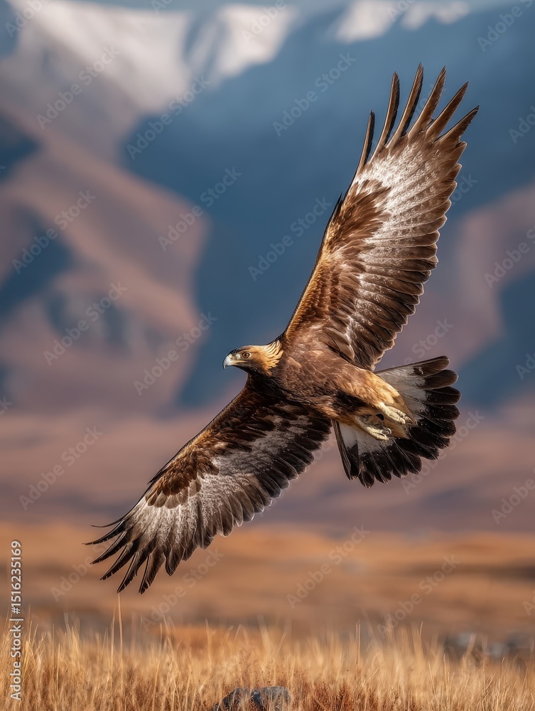 Fototapeta premium Majestic Eagle Soaring Over a Scenic Mountain Landscape at Sunset