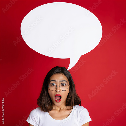 Shocked Woman with Glasses and Open Mouth Below Blank Speech Bubble on Red Background – Expression and Message Concept