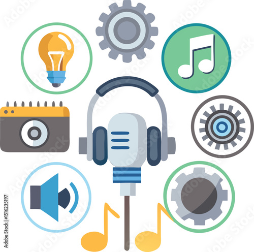 These icons depict various elements related to audio, music, settings, ideas (lightbulb), and multimedia (camera). They are likely used as digital design components or application features, highlighti