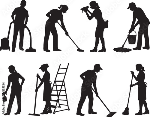 Cleaning service workers diverse tasks silhouettes
