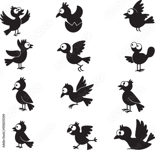 Cute cartoon birds silhouettes baby bird growth stages