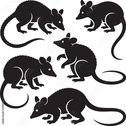 Four silhouettes of cute little mice rodents