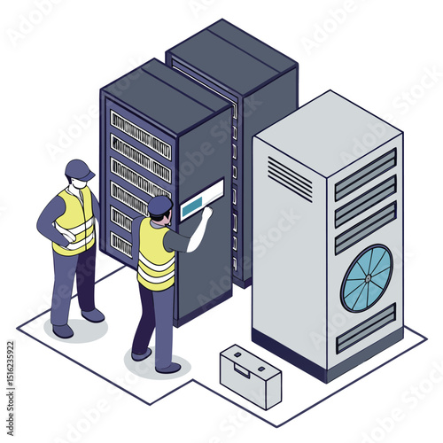 Server technicians performing maintenance and diagnostics on data center equipment in isometric perspective