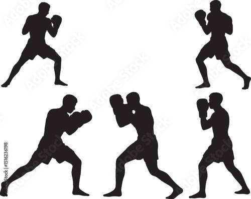 Five silhouettes of boxers training in boxing stances