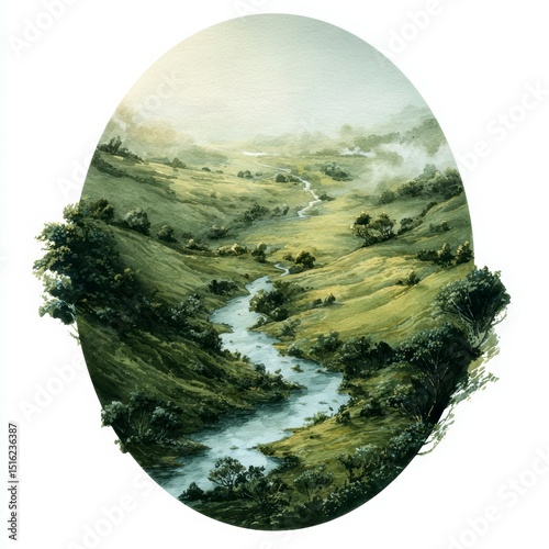 Lush green valley with winding river under soft morning light in a peaceful landscape