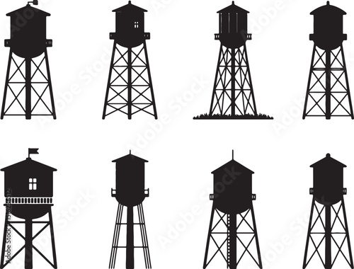 Eight silhouettes of vintage water towers
