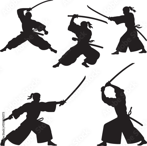 Samurai sword fighting silhouettes action poses