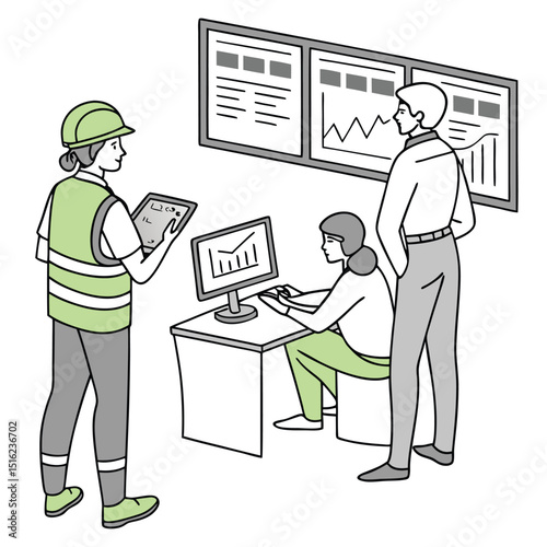 Team of professionals analyzing data and charts displayed on computers and wall monitors in an office environment