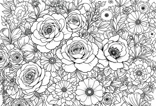 Vintage floral pattern with roses, peonies and wildflowers, full-page black and white contour illustration, retro coloring page design.