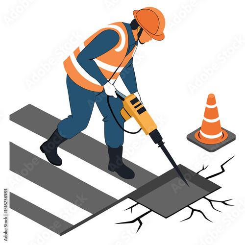 Isometric illustration of construction worker using jackhammer on road surface with safety cone