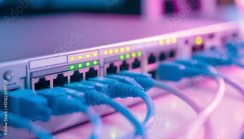 Close-Up of Cisco Network Switch with Blue Ethernet Cables Connected