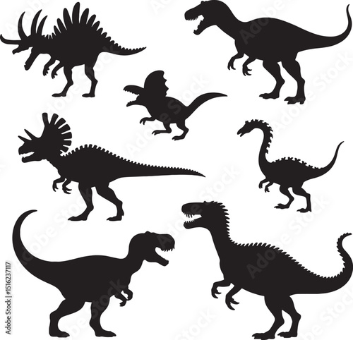 Six silhouettes of prehistoric dinosaurs