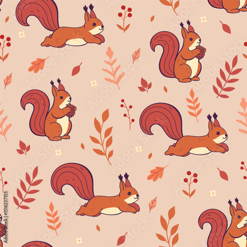 Seamless pattern with red squirrels and autumn flora. Vector graphics.
