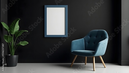 A minimalist chair and a green plant are A minimalist chair and a green plant are set against a striking black wall, enhancing the contemporary decor. blank frame on the wall