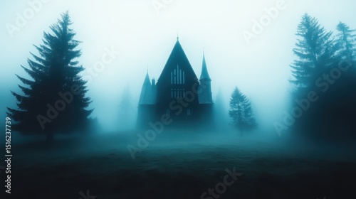 An eerie, fog-covered church rises in the distance, creating a haunting atmosphere that invokes feelings of mystery, solitude, and the unknown in the surrounding landscape.