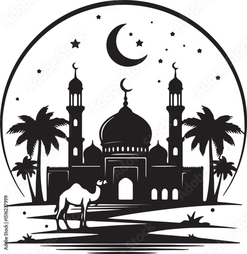 Mosque silhouette with camel at night
