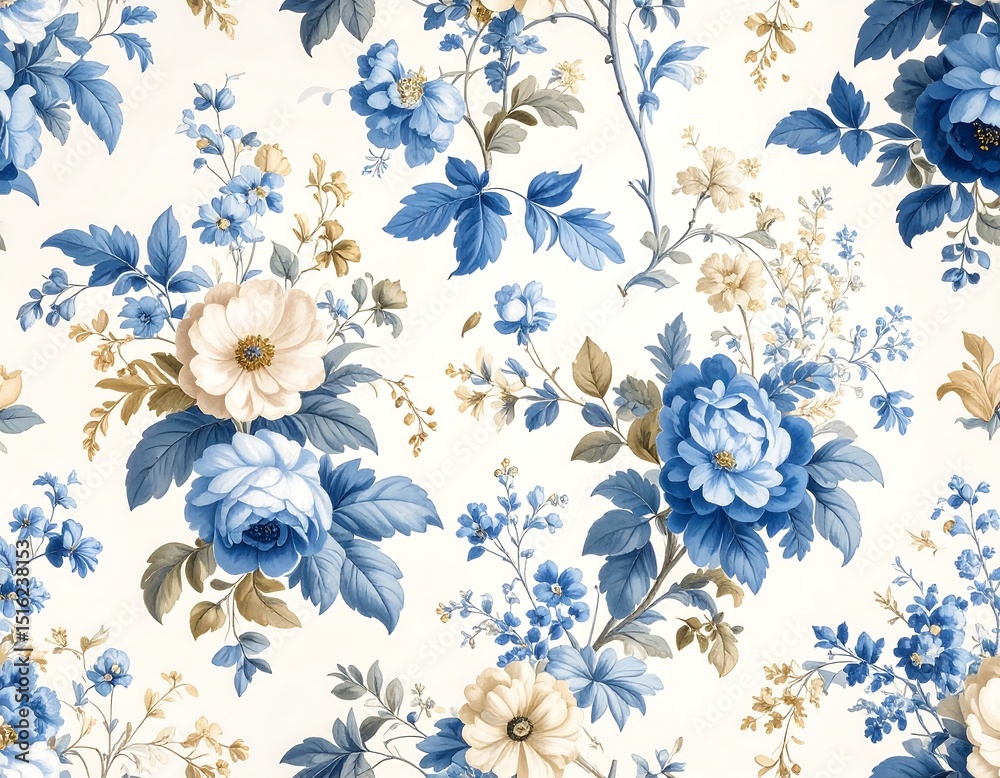 Fototapeta premium Detailed floral pattern in blue and cream