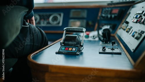 Foto Cargo barge navigating river with mooring ropes and control panel detail