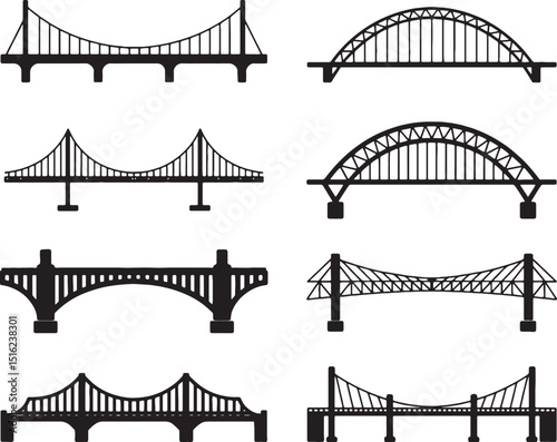 Different types of bridges black silhouettes set