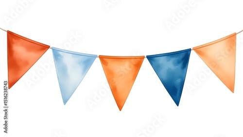 Watercolor painted triangular pennant bunting garlands in orange blue colors for celebration