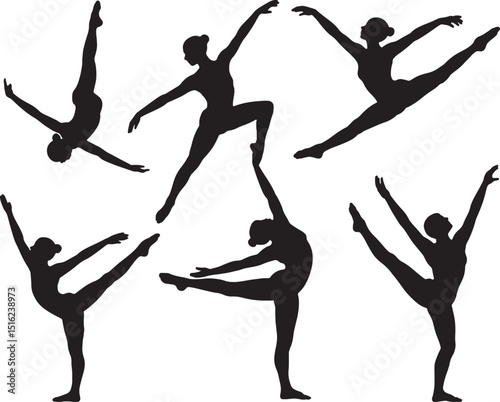 Five silhouettes of graceful ballet dancers poses