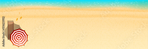 Top view of tropical beach with red striped umbrella wooden sun lounger and flip flops on golden sand with turquoise ocean waves and wide empty space for text or design