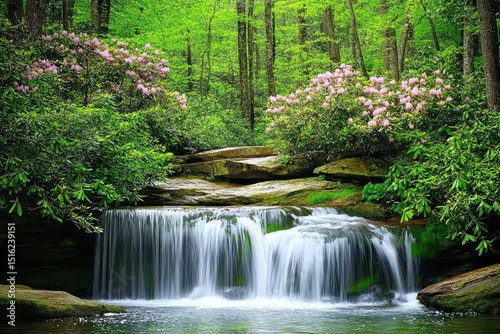 Lush forest waterfall cascading over mossy rocks, with vibrant pink rhododendron blooms