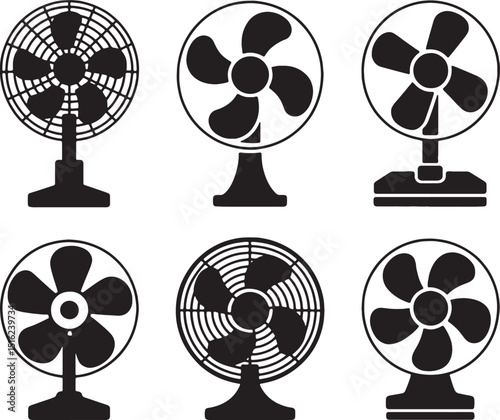 Six black silhouettes of different electric fans