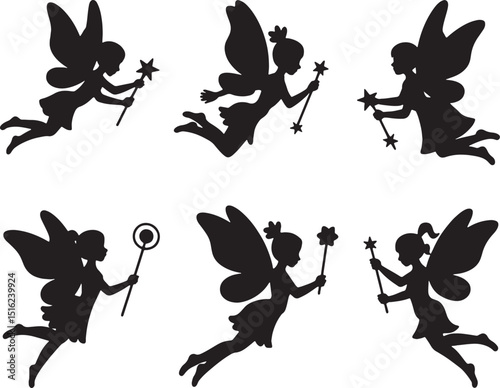 Six silhouettes of cute little fairies with wands