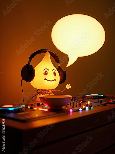 Cute Glowing DJ Character with Headphones and Speech Bubble at Turntables – Fun Party Scene with Cartoon Personality