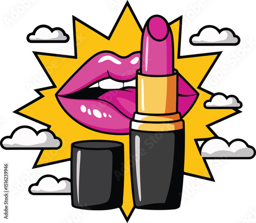 Bold pop art lipstick design with vibrant lips and comic style.